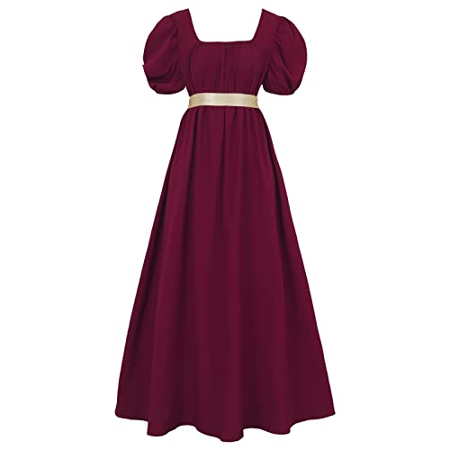 FRIUSATE Regency-Kleider, Vintage-Kleid, Regency-Kleider für Damen, mit Schärpe, Empire-Taille, gerüscht, Puffärmel, langes Kleid für Partys, Hochzeiten und Gala, claret, Small von FRIUSATE