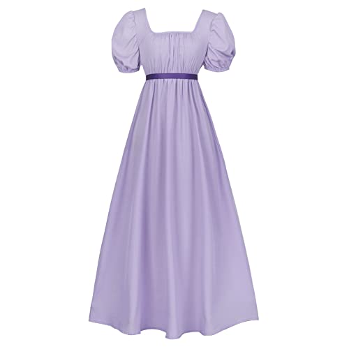 FRIUSATE Regency Kleider, Vintage Kleid, Regency Kleider für Damen mit Schärpe Empire-Taille Rüschen Puffärmel Langes Kleid für Partys, Hochzeiten und Gala, violett, L von FRIUSATE