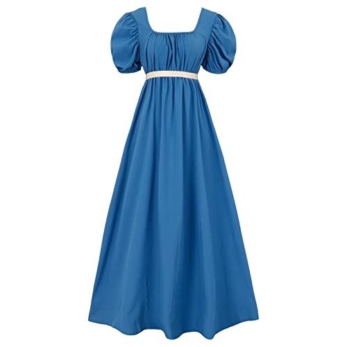 FRIUSATE Regency Kleider, Vintage Kleid, Regency Kleider für Damen mit Schärpe Empire-Taille Rüschen Puffärmel Langes Kleid für Partys, Hochzeiten und Gala, blau, Medium von FRIUSATE