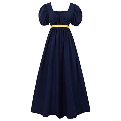 FRIUSATE Regency Kleider, Vintage Kleid, Regency Kleider für Frauen mit Schärpe Empire Taille Rüschen Puffärmel Langes Kleid für Party, Hochzeit und Gala, navy, 38 von FRIUSATE