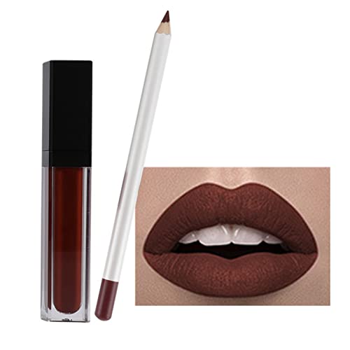 2pcs Nude Lip Liner Lippenstift Make-up Set, flüssiger Lippenstift 24H Non-Stick Cup Nicht verblassen Wasserdichte Nude Lippenstift Make-up Kits Lipliner Lipgloss Make Up Geschenk (G, One Size) von FRMUIC