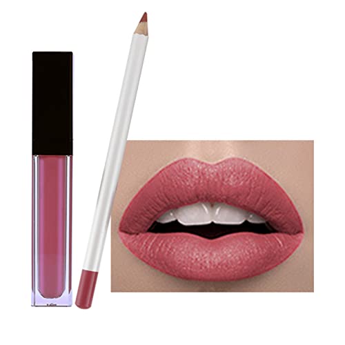 2pcs Nude Lip Liner Lippenstift Make-up Set, flüssiger Lippenstift 24H Non-Stick Cup Nicht verblassen Wasserdichte Nude Lippenstift Make-up Kits Lipliner Lipgloss Make Up Geschenk (J, One Size) von FRMUIC