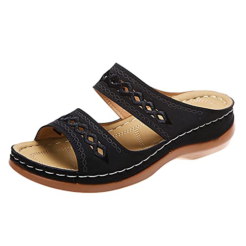 FRMUIC Slides Damen Sommer Einfarbig Slip On Casual Open Toe Wedges Weicher Boden Atmungsaktive Hausschuhe Schuhe Sandalen (Black, 37) von FRMUIC