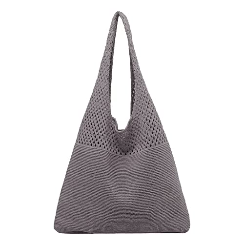 FRMUIC Strandtasche Tasche Damen Umhängetasche Groß Shopper Tasche Tote Bag Handtasche Sommer Boho Häkeltasche Schultertasche Beuteltasche Baumwolle für Reisen Einkaufen (Dark Gray, One Size) von FRMUIC