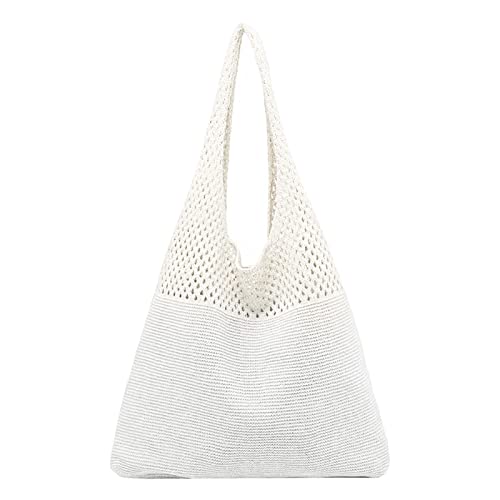 FRMUIC Strandtasche Tasche Damen Umhängetasche Groß Shopper Tasche Tote Bag Handtasche Sommer Boho Häkeltasche Schultertasche Beuteltasche Baumwolle für Reisen Einkaufen (White, One Size) von FRMUIC