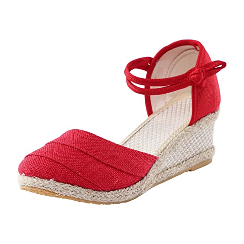 Frauen Ripple Leinen Sandalen Plattform Keilsandalen Mode Vielseitige Geflochtene Schnalle Atmungsaktive Keilsandalen (Red, 37) von FRMUIC