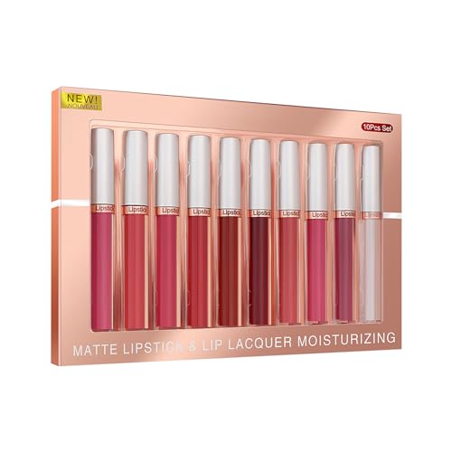 Lippenstift 10er-Pack Lipgloss-Set Velvet Matt Nudetöne Langlebiger antihaftbeschichteter nicht verblassender schimmernder Lipgloss-Flüssiglippenstift für Frauen (A, One Size) von FRMUIC