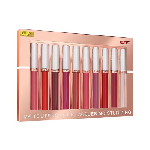 Lippenstift 10er-Pack Lipgloss-Set Velvet Matt Nudetöne Langlebiger antihaftbeschichteter nicht verblassender schimmernder Lipgloss-Flüssiglippenstift für Frauen (B, One Size) von FRMUIC