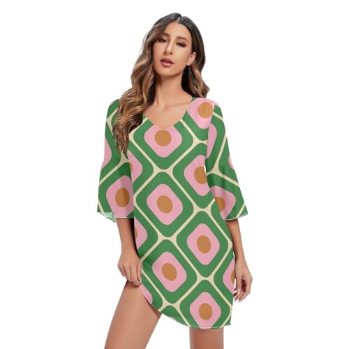 70er Jahre Retro Muster 60er Jahre Ästhetische Damen Chiffon Kleider Kurzarm V Ausschnitt Kleid Hautfreundlich Kurze Kleider, 70er-Jahre-Retro-Muster, ästhetisch, XX-Large von FRODOTGV
