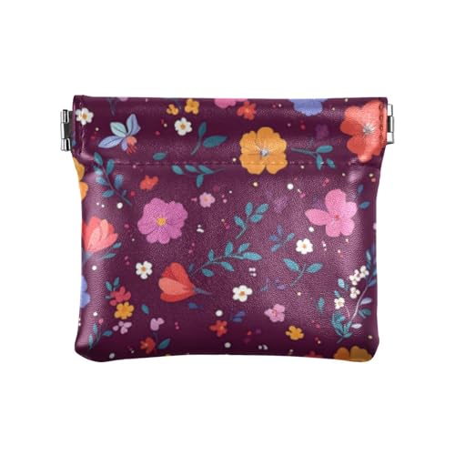 Bunte Blumen, Burgunderrot, für Damen und Herren, Leder, Münzgeldbörse, praktischer Mini-Kartenhalter, Geldbörse für Damen und Mädchen, Bunte Blumen, Burgunderrot, 4.33"(L) x 3.74"(W) x 0.39"(H), von FRODOTGV