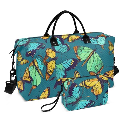 Duffel Bags Sports Gym Bag Foldable Overnight Weekender Bags with Toiletry Bag for Business Trips Trekking Green Yellow Green Blue Pattern, Grün, Gelb, Grün, Blau, 1 Size von FRODOTGV