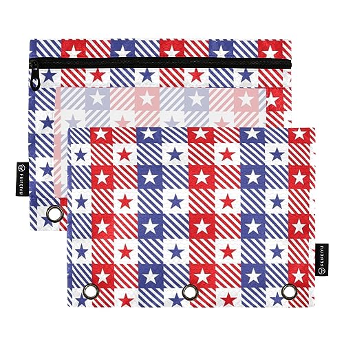 FRODOTGV American 4. Juli Star Plaid Binder Bleistiftbeutel 3-Ring-Bleistiftbeutel 2 Stück Reißverschluss Federmäppchen transparent drei Löcher Bleistiftbeutel für 3-Ringbuch von FRODOTGV