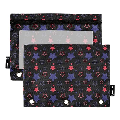 FRODOTGV American Stars Binder-Bleistiftbeutel, 3-Ring-Bleistiftbeutel, 2 Stück, Reißverschluss, transparent, 3-Loch-Binder für 3-Ringbuch von FRODOTGV