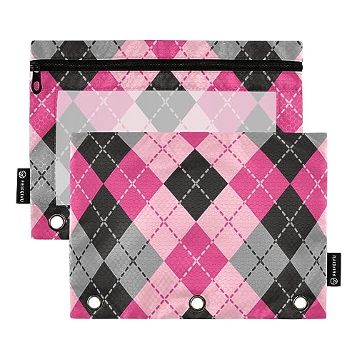 FRODOTGV Argyle-Büffel-Bleistiftbeutel für 3 Ringe, Binder, Reißverschluss, transparent, 3 Löcher, 2 Stück von FRODOTGV