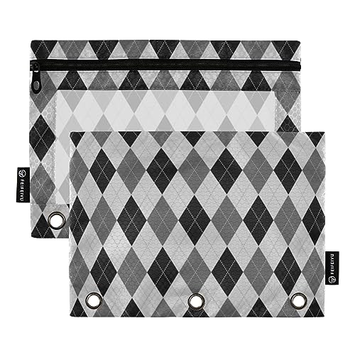 FRODOTGV Argyle-Büffelkaro, Schottland, schwarz, grau, Bleistiftbeutel für 3 Ringe, Ordner, Reißverschluss, Bindertaschen, transparent, 3 Löcher, 2 Stück von FRODOTGV