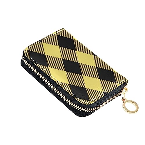 FRODOTGV Argyle-Büffelkaro-Mini-Geldbörse, Kartenhalter, für Damen, risikofrei, RFID-Kartenhalter, Leder, Reißverschlusstasche, Geldbörse für die Arbeit, Gelb, Schwarz, 1 size, Classic von FRODOTGV