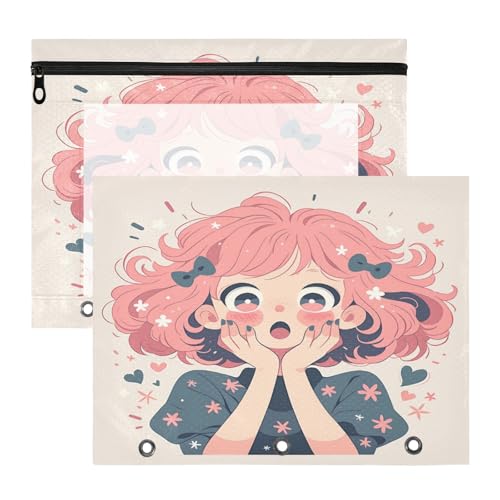 FRODOTGV Aufgeregte Mädchen Bleistift-Bleistift-Bleistift-Beutel mit glatten Reißverschlüssen, 3 Löcher, Tasche für 3 Ringe, 2 Stück, für Studenten, Klassenbedarf von FRODOTGV