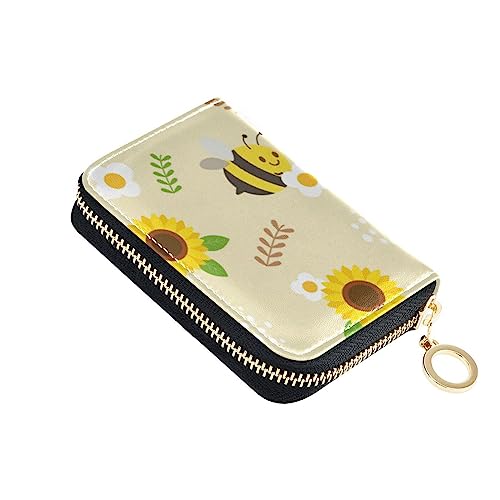 FRODOTGV Bees Happy Slim Kreditkartenetui für Mädchen, risikofrei, RFID-blockierend, Leder, Reißverschlussfach, Geldbörse für die Arbeit, Bees Happy Sunflower, 1 size, Classic von FRODOTGV