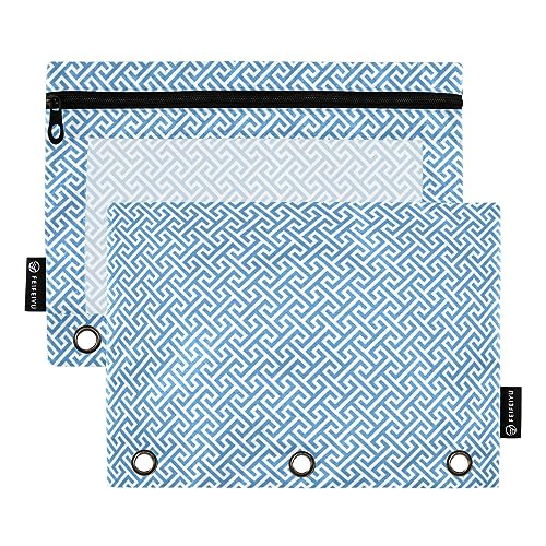 FRODOTGV Blue Decor Binder-Bleistifttaschen mit 3 Ringen, 2 Stück, mit Reißverschluss, transparent, 3 Löcher, Bleistiftbeutel für 3-Ringbuch von FRODOTGV