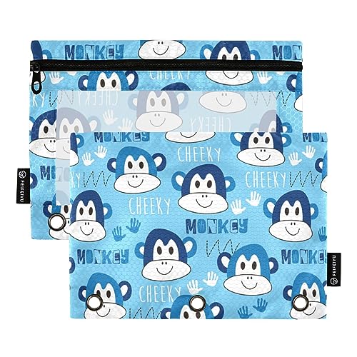 FRODOTGV Blue Monkey Binder-Bleistiftbeutel, 3-Ring-Bleistiftbeutel, transparent, Reißverschluss, 3-Loch-Binder für 3-Ringbuch, 2 Stück von FRODOTGV