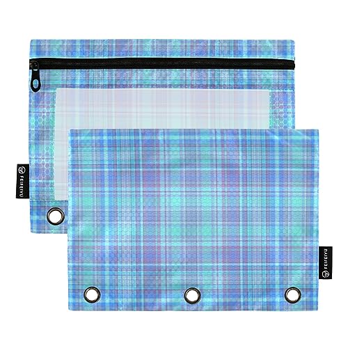 FRODOTGV Blue Series Gingham-Bleistifttaschen für 3 Ringe, Ordner, Reißverschluss, transparent, 3 Löcher, 2 Stück von FRODOTGV