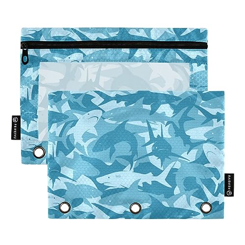 FRODOTGV Blue Sharks Camo Federmäppchen für 3 Ringe, Ordner, Reißverschluss, Bindertaschen, transparent, 3 Löcher, 2 Stück von FRODOTGV