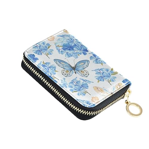 FRODOTGV Blumen Phlox Schmetterlinge Blau Mini Wallet Kartenhalter Mädchen Risikofrei RFID Geldbörse Leder Reißverschluss Kreditkartenfächer für Reisen, Blumen Phlox Schmetterlinge blau, 1 size, von FRODOTGV