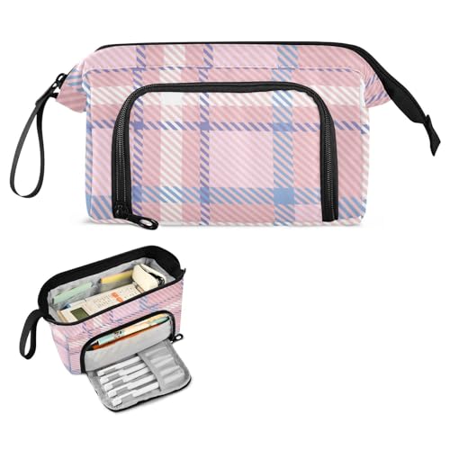 FRODOTGV Buffalo Plaid Kariert Rosa Federmäppchen Große Kapazität Taschen mit Reißverschluss mit Fach Federmäppchen für Erwachsene für College Student Kosmetik von FRODOTGV