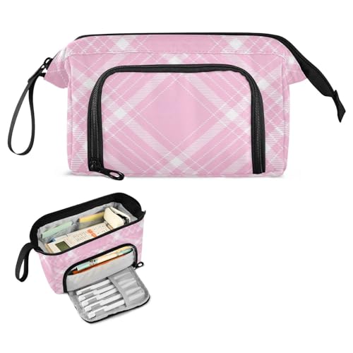 FRODOTGV Buffalo Plaid Pink Schule Federmäppchen Große Kapazität Box Federmäppchen mit Griff Extra Großes Federmäppchen für Teenager Mittelschule von FRODOTGV