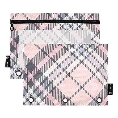 FRODOTGV Buffalo Plaid Schottland Pink Federmäppchen für 3 Ringe, Ordner, Reißverschluss, Bleistiftbeutel, transparent, 3 Löcher, 2 Stück von FRODOTGV