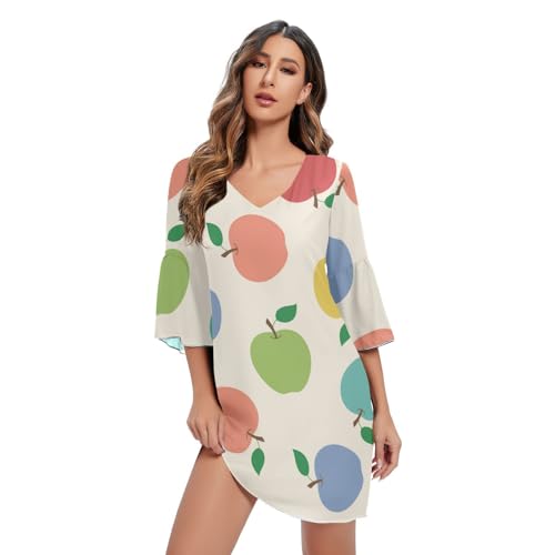 FRODOTGV Bunte Äpfel Muster Frauen Chiffon Kleider Kurzarm Kurzarm Kleid Weiche Kurze Kleider, Buntes Apfelmuster, Mittel von FRODOTGV