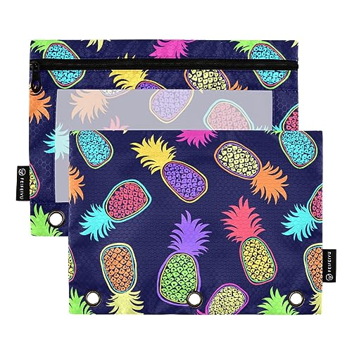 FRODOTGV Bunte Ananas-Bleistiftbeutel, 3-Ring-Bindertaschen, 2 Stück, transparent, mit Reißverschluss, 3-Loch-Binder für 3-Ringbuch von FRODOTGV