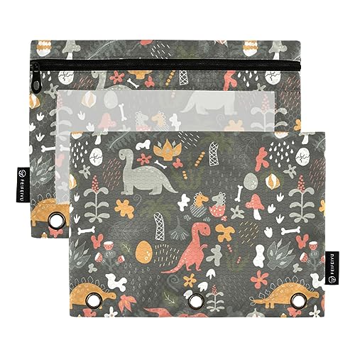 FRODOTGV Bunte Dinos Binder-Bleistiftetui, 3 x Federmäppchen, transparent, Reißverschluss, 3 Löcher, Ordner für 3 Ordner von FRODOTGV