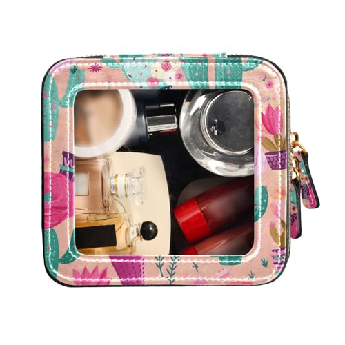 FRODOTGV Bunte Kaktuspflanzen-Illustration, transparente Make-up-Tasche, klein, wasserdicht, Reise-Kulturbeutel, Leder-Organizer-Tasche, Bunte Kaktuspflanzen-Illustration, 1 Size von FRODOTGV