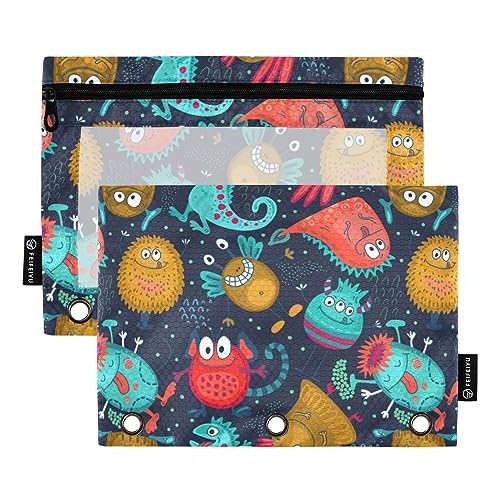 FRODOTGV Bunte lustige Monster-Bleistiftbeutel, 3 Bindertaschen, 2 Stück, transparente Bleistifttasche mit Reißverschluss, drei Löcher, Bleistiftbeutel für 3 Ordner von FRODOTGV