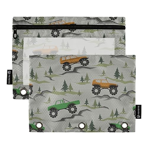 FRODOTGV Cars Off Road Binder-Bleistiftbeutel, 3 Bindertaschen, 2 Stück, transparentes Federmäppchen, Reißverschluss, 3-Loch-Binder für 3 Ordner von FRODOTGV