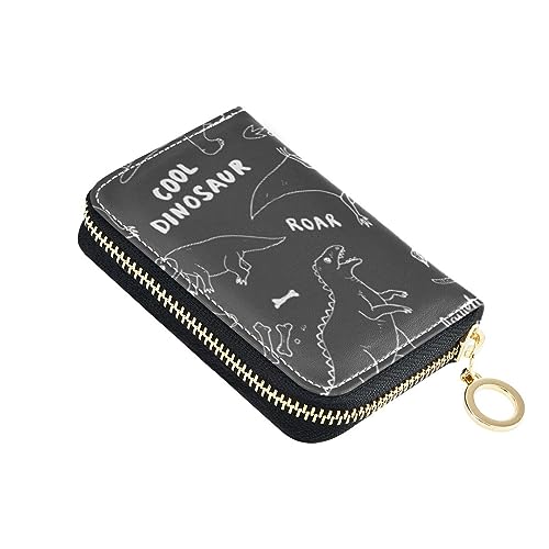 FRODOTGV Coole Dino schwarze kleine Kartenhalter Geldbörse für Frauen risikofrei RFID-Kartenhalter Leder Reißverschluss Kreditkartenfächer, Cool Dino Black, 1 size, Classic von FRODOTGV