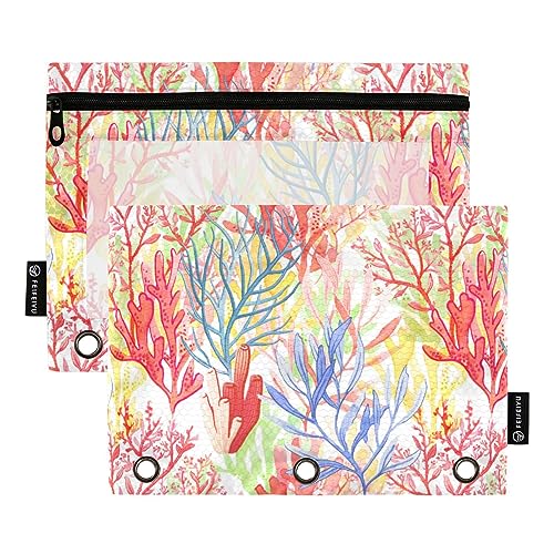 FRODOTGV Coral Reef Ocean Binder-Bleistiftbeutel, 3-Ring-Bindertaschen, 2 Stück, transparent, mit Reißverschluss, 3-Loch-Binder für 3-Ringbuch von FRODOTGV