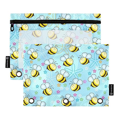 FRODOTGV Cute Bees Binder-Bleistiftbeutel, 3-Ring-Bindertaschen, transparent, Reißverschluss, 3-Loch-Binder für 3-Ringbuch, Hellblau, 2 Stück von FRODOTGV