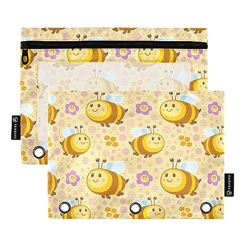 FRODOTGV Cute Bees Happy Flowers Gelbe Binder-Bleistiftbeutel, 3-Ringbuchtaschen, 2 Stück, transparentes Stifteetui, Reißverschluss, 3-Loch-Binder für 3-Ringbuch von FRODOTGV