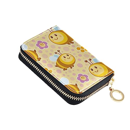 FRODOTGV Cute Bees Happy Flowers Gelbes schlankes Kreditkartenetui für Mädchen, risikofrei, RFID-blockierende Brieftaschen, Leder, Reißverschlusstasche, Geldbörse, Cute Bees Happy, Einheitsgröße, von FRODOTGV