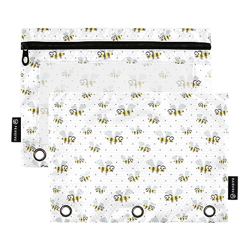 FRODOTGV Cute Bees Happy Polka Dots Binder-Bleistiftbeutel, 3-Ring-Bindertaschen, 2 Stück, transparente Bleistifttasche, Reißverschluss, 3-Loch-Binder für 3-Ringbuch von FRODOTGV