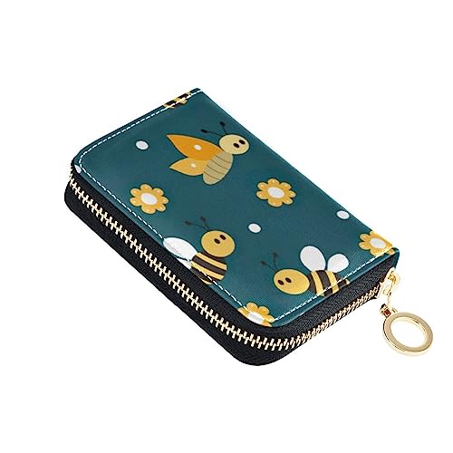 FRODOTGV Cute Bees Schmetterling Marineblau Slim Card Wallets Damen Risikofrei RFID-blockierende Brieftaschen Leder Reißverschluss Kreditkartenfächer für die Arbeit, Cute Bees Butterfly Navy Blue, von FRODOTGV