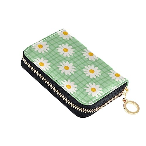 FRODOTGV Daisy Flower Green Stripe Slim Card Wallets Womens Riskfree RFID Card Holder Leather Zip Pocket Purse for Work, Gänseblümchen, grün gestreift, 1 size, Classic von FRODOTGV