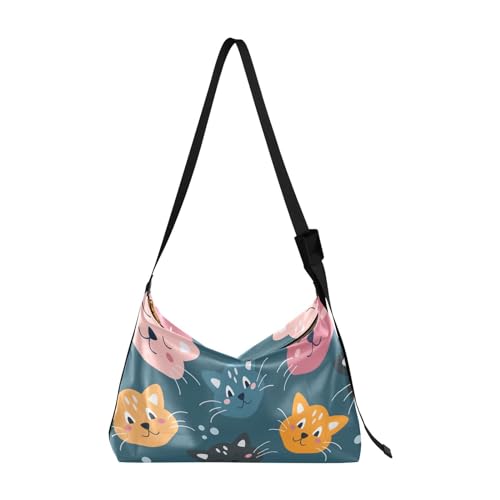 FRODOTGV Damen-Umhängetasche, bunte Gesichter von Katzen auf blauem Hintergrund, Reisetasche, Umhängetasche, Leder, Schultertasche, Bunte Gesichter von Katzen auf blauem Hintergrund, Einheitsgröße von FRODOTGV