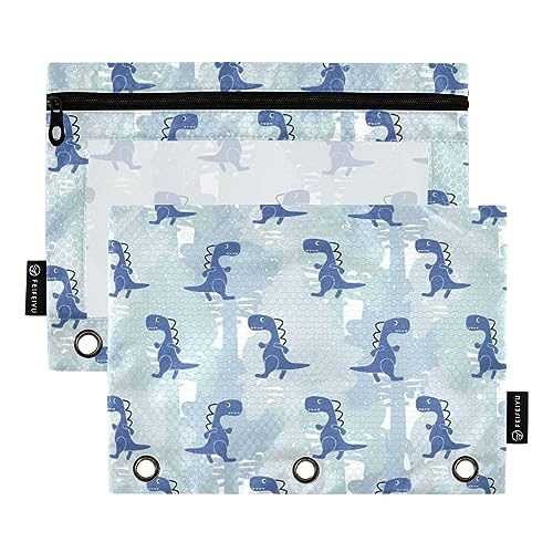 FRODOTGV Dino Federmäppchen, blau, 3 Bindertaschen, 2 Stück, transparentes Federmäppchen, Reißverschluss, 3 Löcher, Ordner für 3 Ordner von FRODOTGV