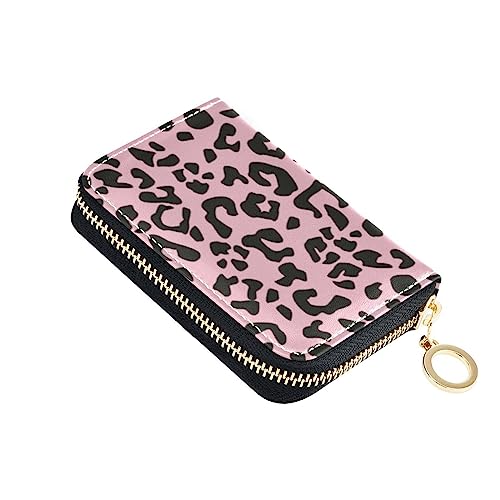 FRODOTGV Einzigartiges, schlankes Kartenetui für Damen, Leopardenmuster, RFID-blockierend, Leder, Reißverschluss, Kreditkartenfächer für Reisen, Pink / Schwarz, Einzigartiger Leopard Pink Schwarz, 1 von FRODOTGV