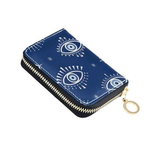 FRODOTGV Evil Eye Magic Kreditkartenetui für Damen, klein, RFID-blockierend, Leder, Reißverschlussfach für Reisen, Marineblau, Evil Eye Magic Navy Blue, 1 size, Classic von FRODOTGV