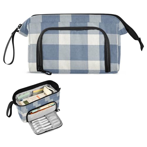 FRODOTGV Farmhouse Buffalo Plaid Blau Stifteetui Große Kapazität Großes Federmäppchen Leichte Pinsel und Federmäppchen für Jungen High School von FRODOTGV