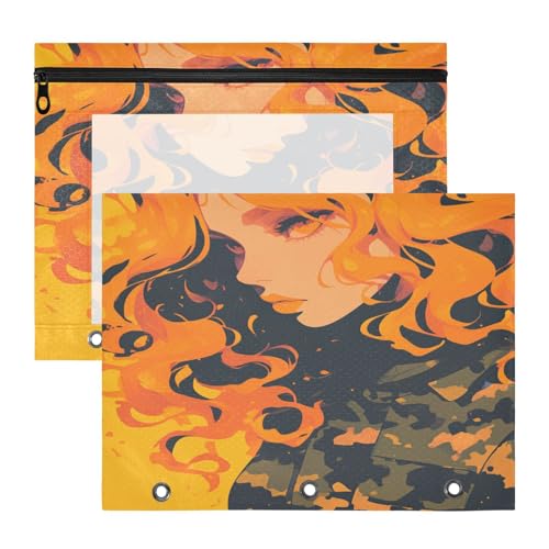 FRODOTGV Federmäppchen für Damen, mit Sichtfenster, 3 Ringe, Tasche für 3 Ringe, 2 Stück, für Lehrer, Klassenzimmer, Camouflage, Orange von FRODOTGV